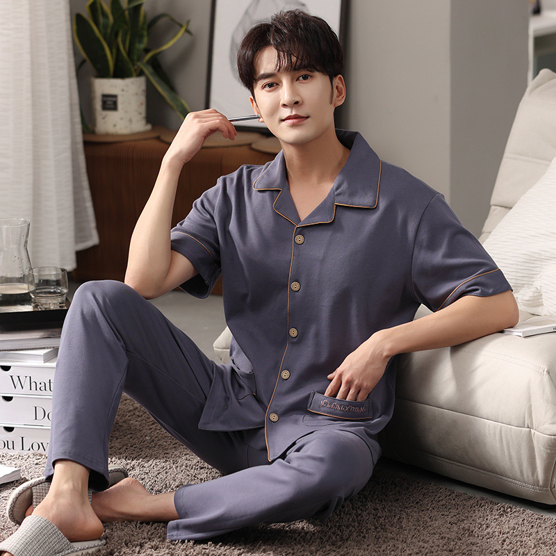 New Men's Pajamas with a Turn-Down Collar, Short Sleeves, Long Pants, Cardigan for Teenagers, Suitable for Home Wear in 110kg Home Loungewear Set