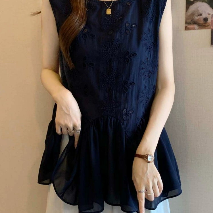 Темно-синяя камзол с вырезом, верхняя одежда, женская летняя рубашка больших размеров, красивый топ без рукавов