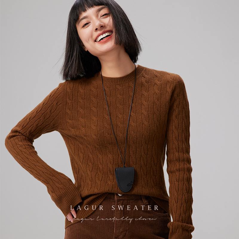 Warm Pure Classic Small Twist 100 Merino Wool Crewneck Sweater Winter Woven Top for Women