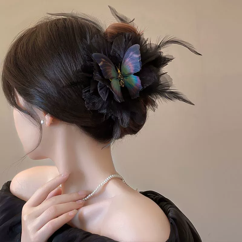 Женская заколка для волос в стиле Zhao Lusi, заколка с перьями-бабочками, высококачественная новинка 2025 года, маленькая заколка в виде акулы, головной убор