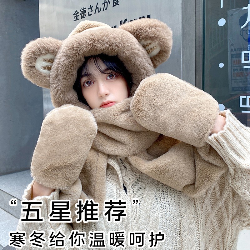 Conjunto de gorro, bufanda y guantes con diseño de oso, todo en uno, para calidez y protección de las orejas, conjunto de tres piezas para mujer, versátil para otoño e invierno, gorro de felpa de una pieza. image 5
