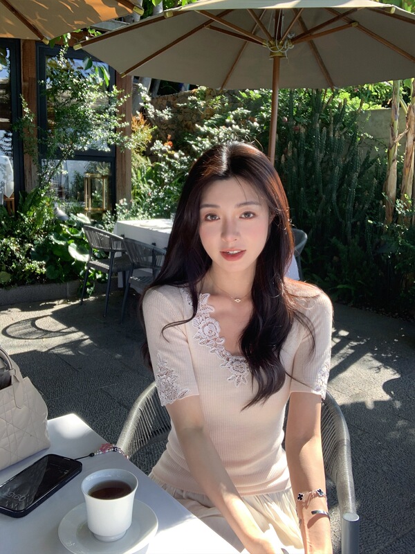 Lace Fabric with Custom-Dyed Yangzi Yarn, Elegant V-Neck, Embroidered Short-Sleeve Slim-Fit Knit Top Lace Fabric with Custom-Dyed Yangzi Yarn, Elegant V-Neck, Embroidered Short-Sleeve Slim-Fit Knit Top