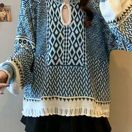实拍青花瓷重工拼色提花小立领宽松羊毛毛衣灯笼袖复古上衣