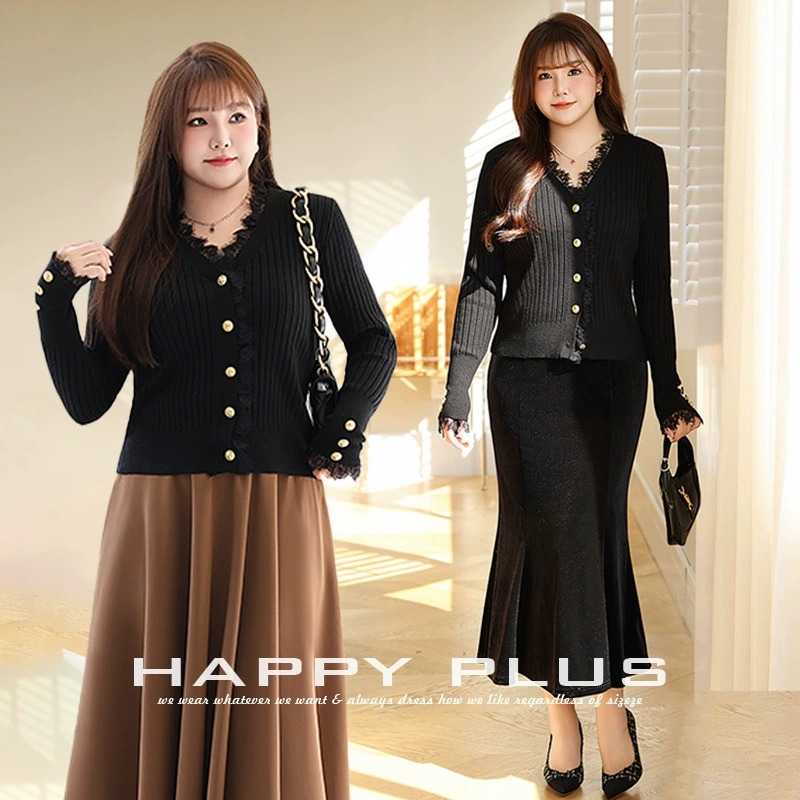 Сяо Сян Стиль V-образным вырезом кружева края вязаный кардиган Runhe N8826 Плюс Размер французского оборудования девушка вязаный кардиган Топ