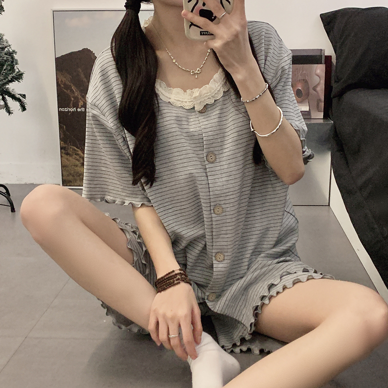 Maternity Suit Summer Thin Short-Sleeved Confinement Clothes Two-Piece Home Clothes Pajamas Breathable Shorts with Chest Pads Maternity Clothes