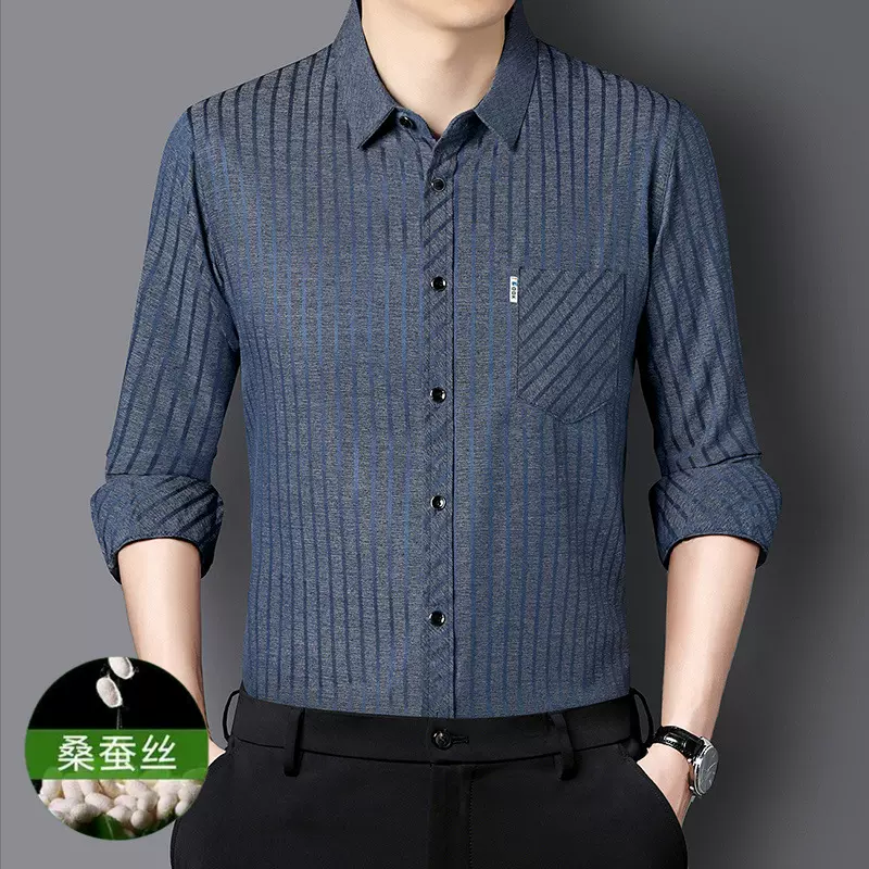 桑蚕丝长袖衬衫男式2024春秋季中老年条纹真口袋翻领宽松男士衬衣