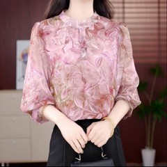 2025夏の新型プリントレディースシャツの気質が痩せているtシャツの花柄シフォンシャツの七分袖上着