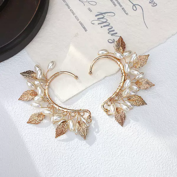 European and American Original Design Mori Ear Holess Ear Bone Clip Handmade Pearl Rhinestone Elf Earrings Bride Jewelry Ear Hanging
