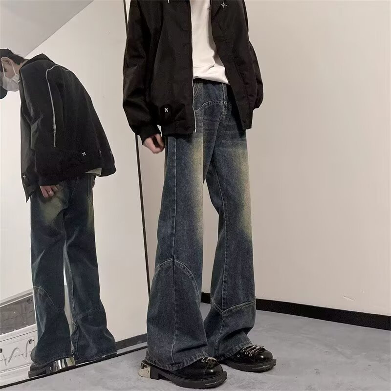 American-style vibe men's jeans, new summer high street black wide-leg pants, men's retro straight casual slightly flared long pants