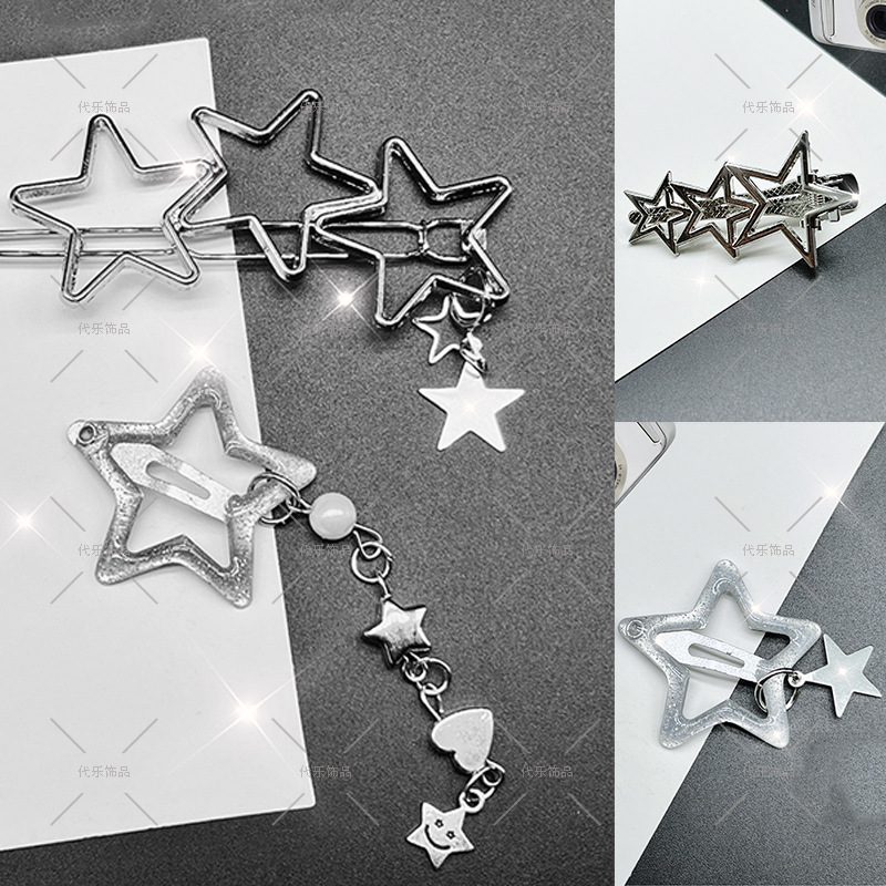 silver Fine Flash Dopamine Sweet Cool y2k Pentagonal Star Tassel Hairpin Oil Drop BB Clip Pendant Chain Side Clip silver Fine Flash Dopamine Sweet Cool y2k Pentagonal Star Tassel Hairpin Oil Drop BB Clip Pendant Chain Side Clip