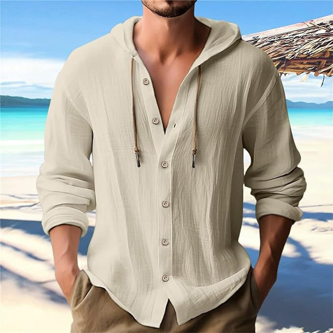 Men's 2025 Aliexpress Cotton and Linen Shirt Hooded Sweatshirt Button Long Sleeve Hooded Spring and Summer Casual Daily Clothing