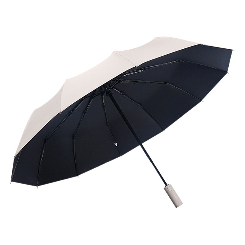 Paraguas reforzado extra grande de doce huesos de doble hueso completamente automático de tres pliegues de pegamento negro sombrilla a prueba de rayos UV paraguas soleado y lluvia de doble uso
