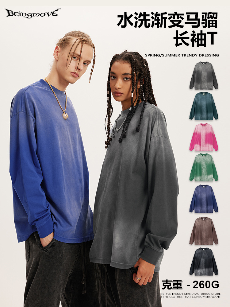 2025 otoño marca de moda americana ins peso pesado 260g lavado degradado marca de moda con hombros caídos camiseta suelta de manga larga hombres