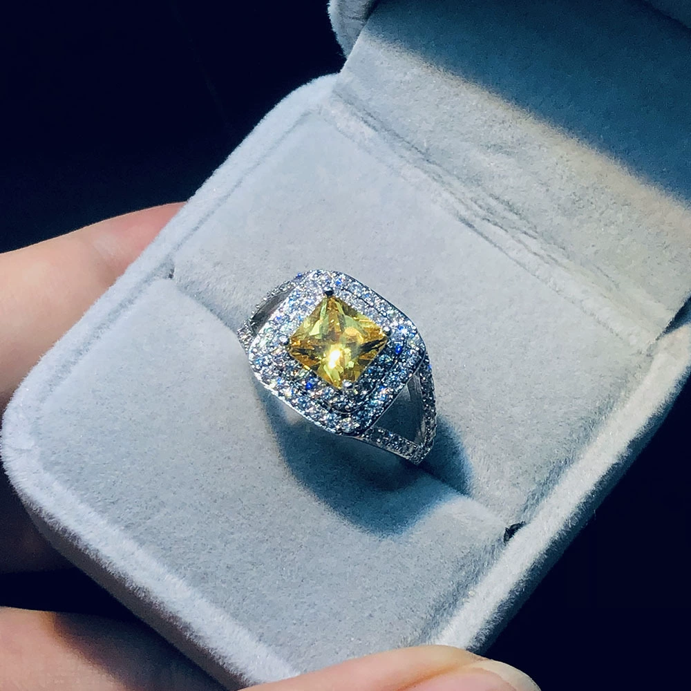 Жёлтое квадратное zirconia кольцо с камнем, аксессуар, европейский стиль, инкрустированный бриллиантом, микрокристаллизация, оптом