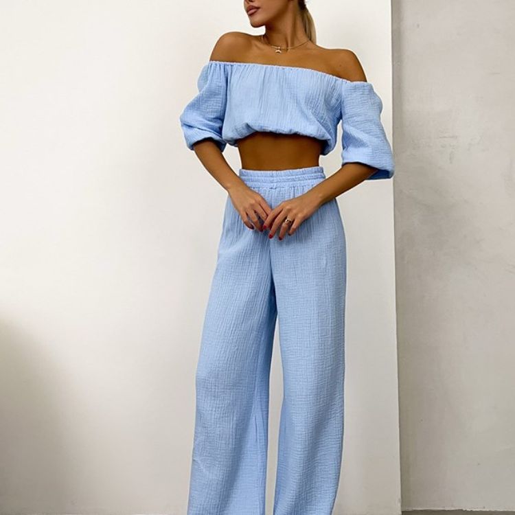 Broekset 2024 zomer één lijn hals uit taille korte bubbelmouwen top + casual rechte buisvloertorens_voghion.com