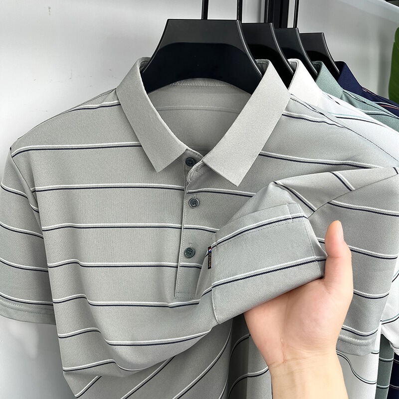 Father's Day Dad's Short-Sleeve T-Shirt Men's Summer Striped Turn-Down Collar Loose Fit Real Pocket Breathable Polo Shirt