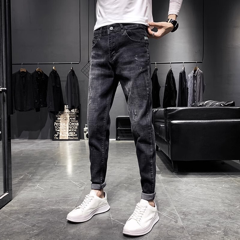 2024 Spring and Autumn Jeans Men's Black Tapered Trendy Nine-Point Stretch Slim Fit Small Leg Pants Ins