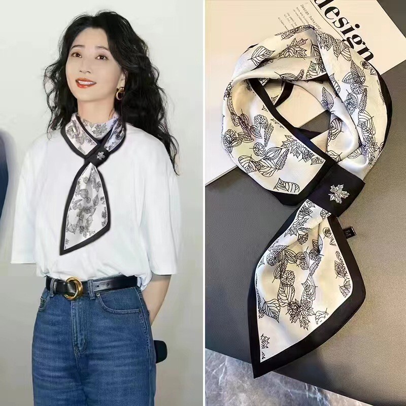 Silk Scarf for Women, Spring and Autumn Neck Protection, Small Neck Scarf, Bowknot, Fresh Small Square Scarf, New Style, Thin and Narrow Ribbon
