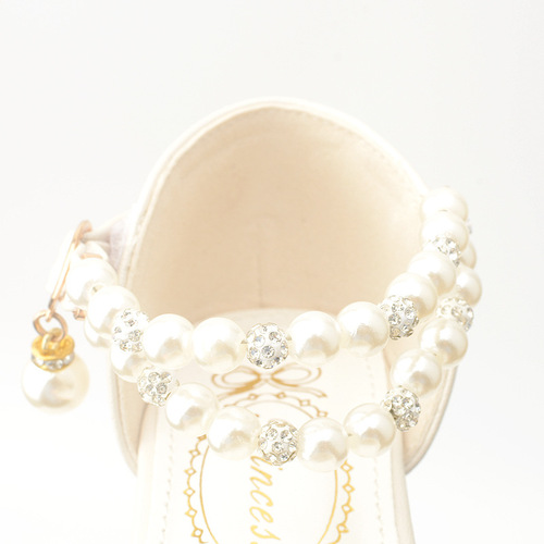 Spring and autumn new style sparkling diamond pearl girls high-heeled princess shoes Korean version student white performance leather shoes children's shoes
