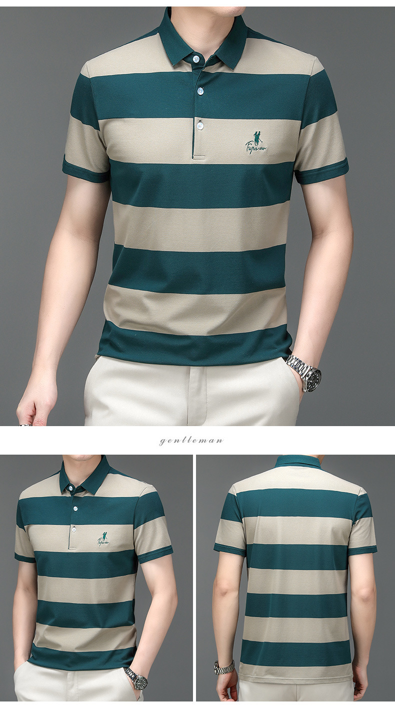 Mingdi Mouse 2024 Sommer Neues gestreiftes Kurzarm-T-Shirt mit Business-Kragen aus reiner Baumwolle, großes Herren-Poloshirt_voghion.com