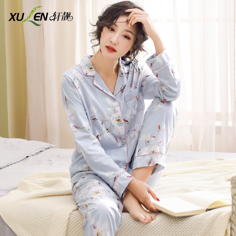 Pijamas de las mujeres primavera y otoño primavera manga larga 100% algodón Delgado homewear más tamaño suelto traje de mamá de mediana edad