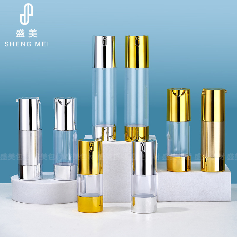 现货15ml亮银电镀真空瓶30ml按压式精华喷雾瓶乳液瓶化妆品分装瓶
