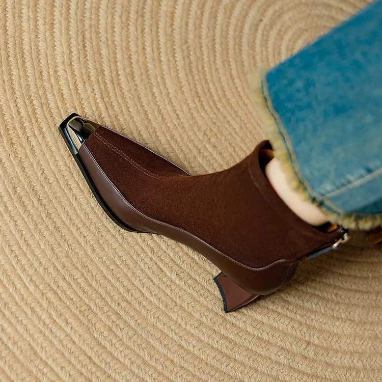 Французские тощие сапоги металлические маленькие квадратные сапоги на высоком каблуке женские осенние и зимние новые кожаные шитки тонкие, толстые каблуки Мартин сапоги