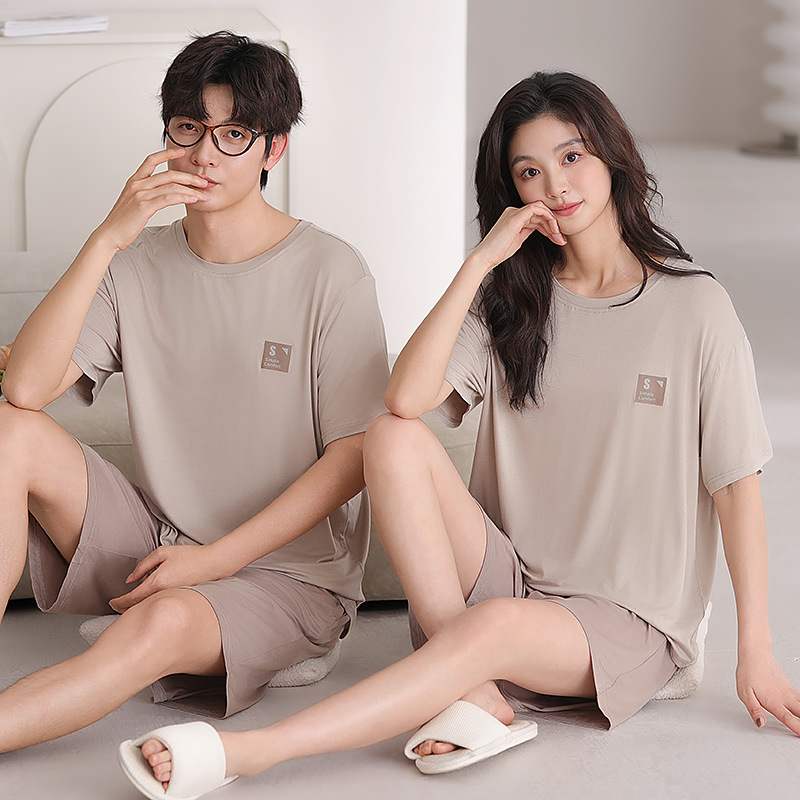 Pajamas de pareja de algodón modales de verano de mangas cortas delgadas 2025 nuevo cuello redondo casual ropa de casa de verano para hombres y mujeres