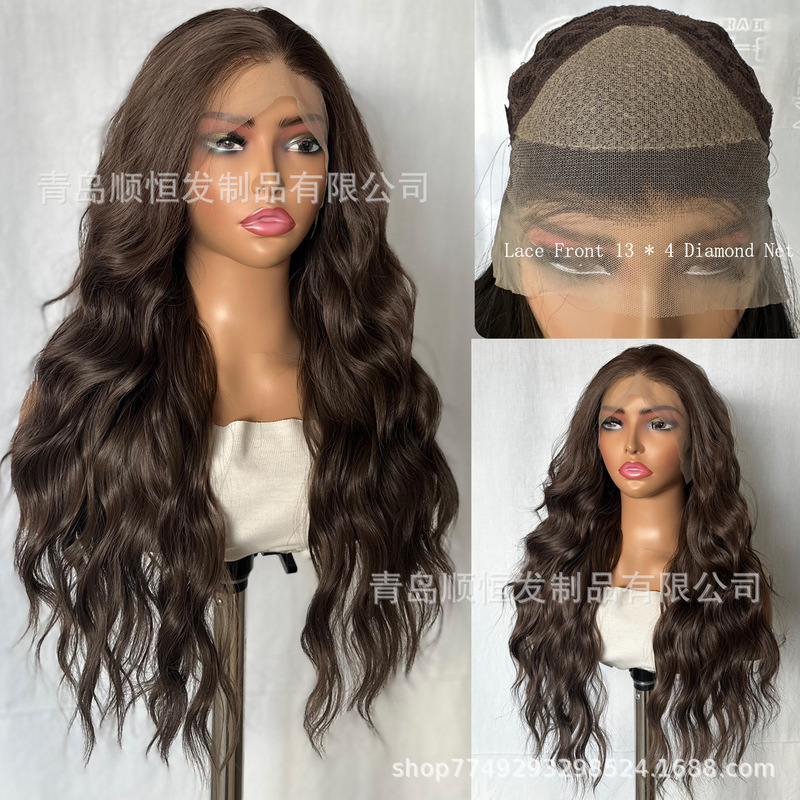 European and American wig front lace women's long curly hair tea brown wave roll heat resistant matte chemical fiber headgear factory wholesale European and American wig front lace women's long curly hair tea brown wave roll heat resistant matte chemical fiber headgear factory wholesale