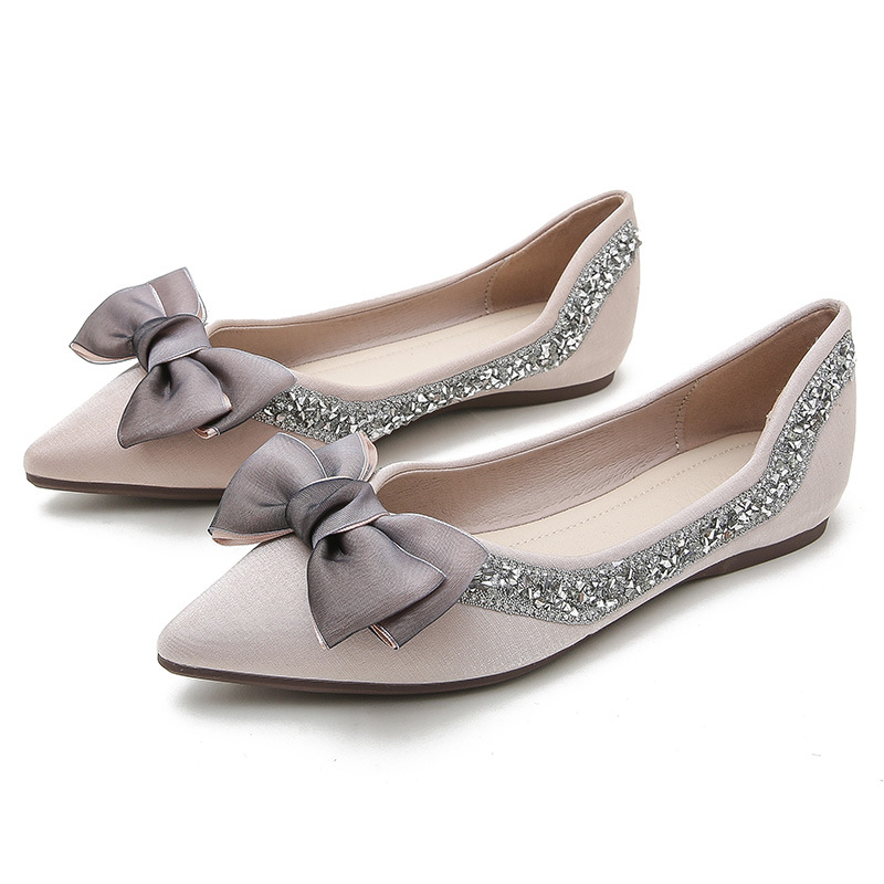 2024 New Bow Single Shoes Women's Flat Bottom Water Diamond Pointed Bean Shoes Boat Shoes Large Women's Shoes 41-43