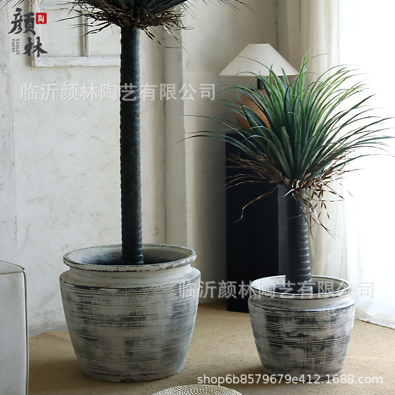 Nuevo tipo simple de maceta de cemento gran boca ancha sala de estar doméstica centro comercial suelo interior gran calibre maceta de plantación verde