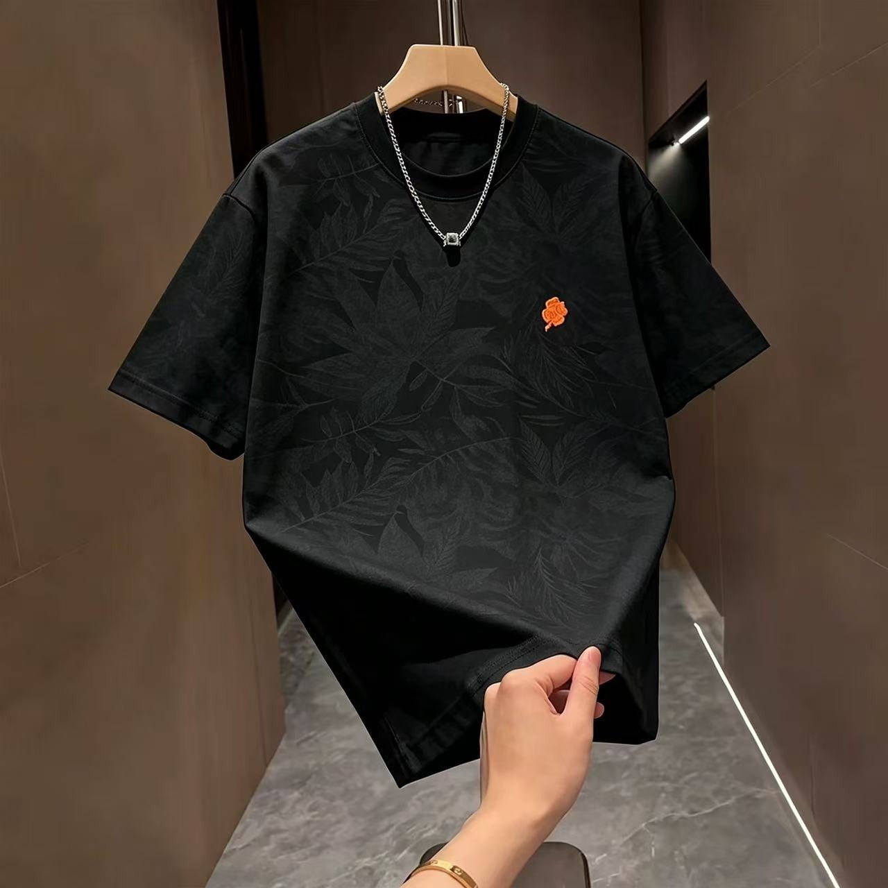 Men's Trendy Summer T-Shirt Style Casual Versatile Tie Dye Leaf Embroidery Short Sleeve Fashionable Lucky Four Leaf Clover_viptrois.com