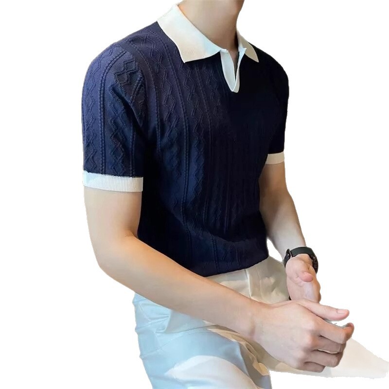Herren-Sommerpullover aus Eisseide, Strick, Kurzarm, lässiges T-Shirt im koreanischen Stil, trendige Slim-Fit-Passform, vielseitiges Oberteil_voghion.com