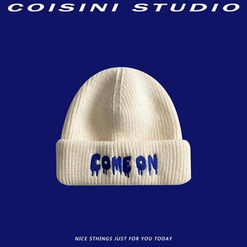 Japanese Trend Letter Embroidered Woolen Cap for Women Autumn and Winter Warm Ear Protection Versatile Blue Knitted Hat Cold Hat for Men