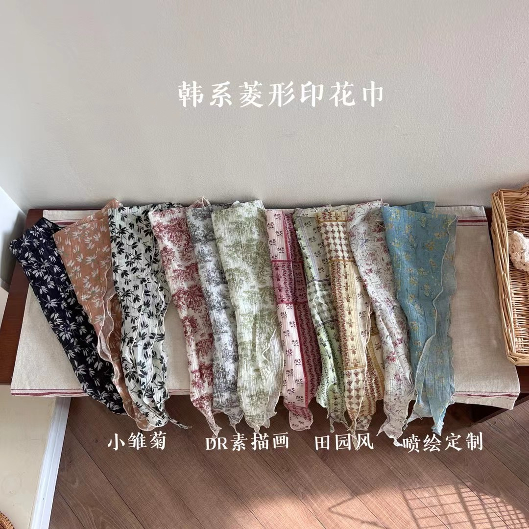 Korean INS new folds folded small silk scarf hair band buns multi…