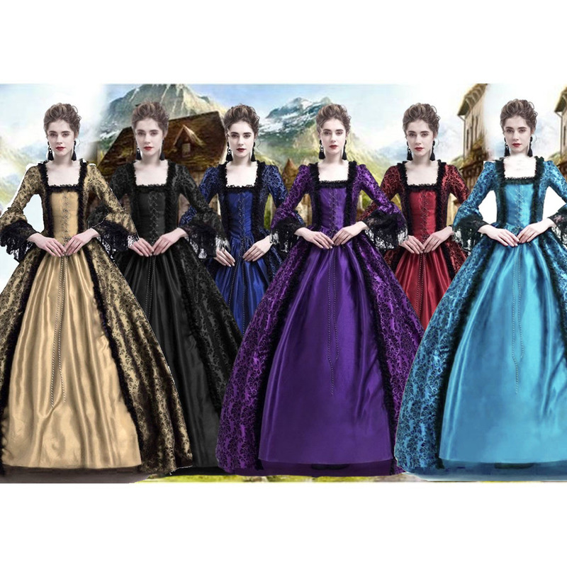Cross-Border New European and American Printed Palace Dress, Medieval Victorian Long Dress, Amazon Dropshipping