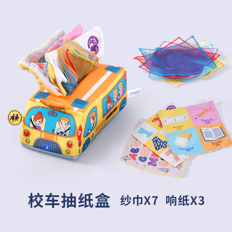 Caja de pañuelos Jolly Baby con música, bombeo con el dedo, entrenamiento sensorial para bebés de 3 meses, rompecabezas y juguetes educativos.