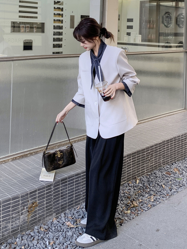 设计感牛仔拼接假两件西装外套女2025秋季新款韩系感气质超火百搭|undefined