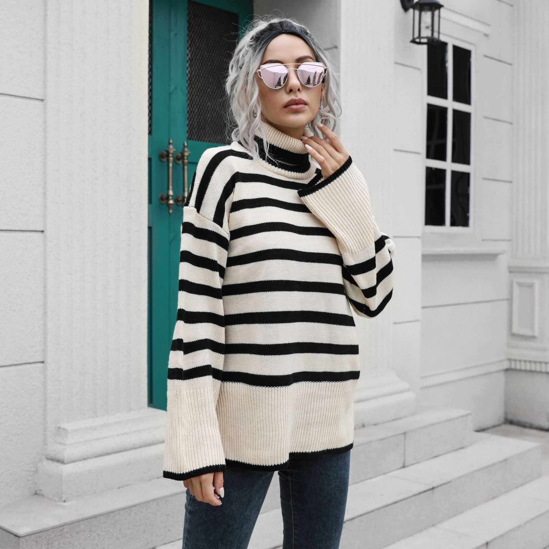 Popular Striped Bottom Slit High Collar Mid Length Women Loose Fall Winter Sweater 5 Popular Striped Bottom Slit High Collar Mid Length Women Loose Fall Winter Sweater