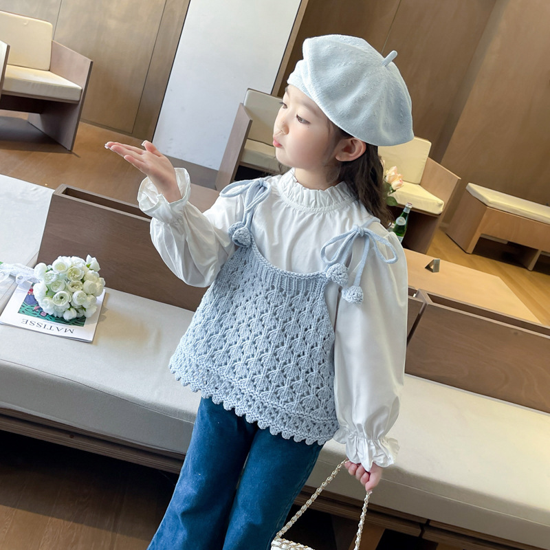 女の子用長袖シャツニットベストセット2025新作女の子用春秋服子供用上着2点セット|undefined