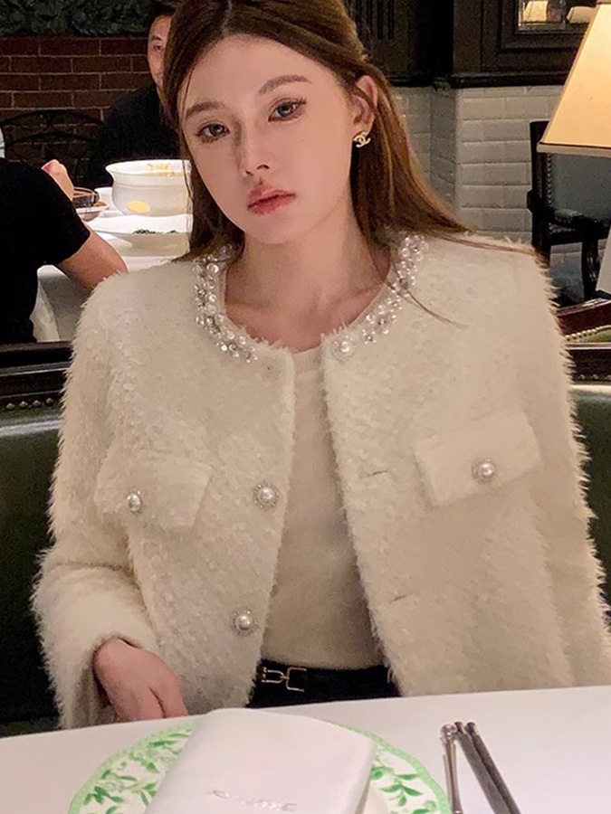 Áo khoác nữ dáng cardigan dày cổ tròn viền ngọc trai phong cách thanh lịch — Kiểu dáng thông thường màu trắng ngọc trai, Kiểu chần bông màu trắng ngọc trai