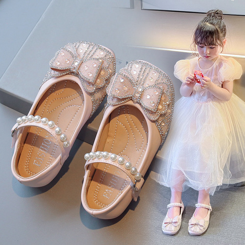 Children's Small Leather Shoes 2024 Spring and Autumn New Arrival Kids Water Drill Lace Butterfly Knot Princess Shoes for Girls Performance Shoes