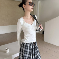 MMFISH时髦休闲白色V领针织衫女修身显瘦打底衫长袖T恤25T499