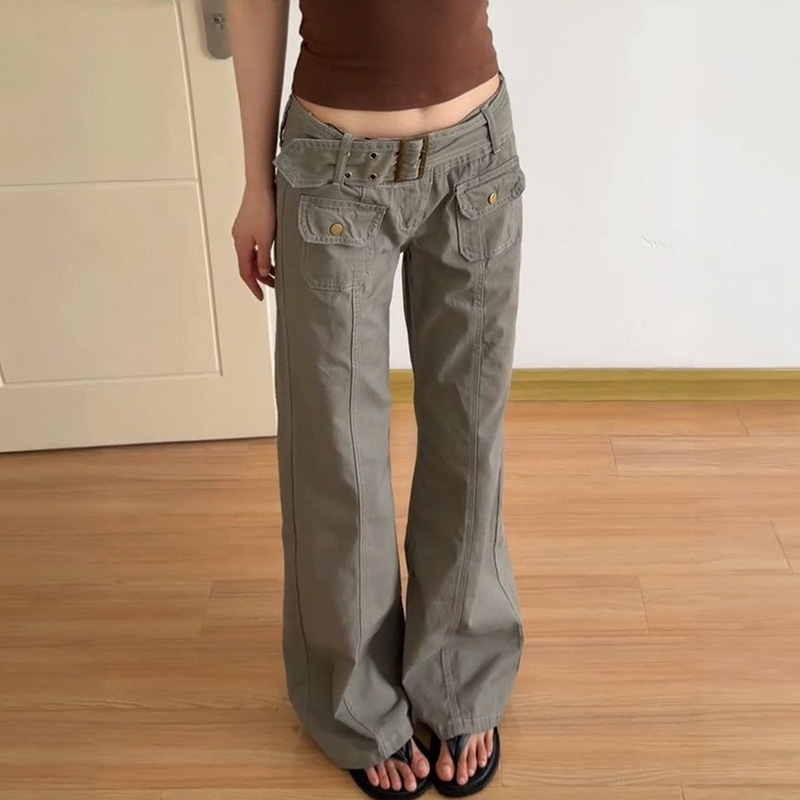 American Retro Style Unique Design Distressed Washed Denim Jeans for Women, Autumn Slim Fit Floor-Length Pants
