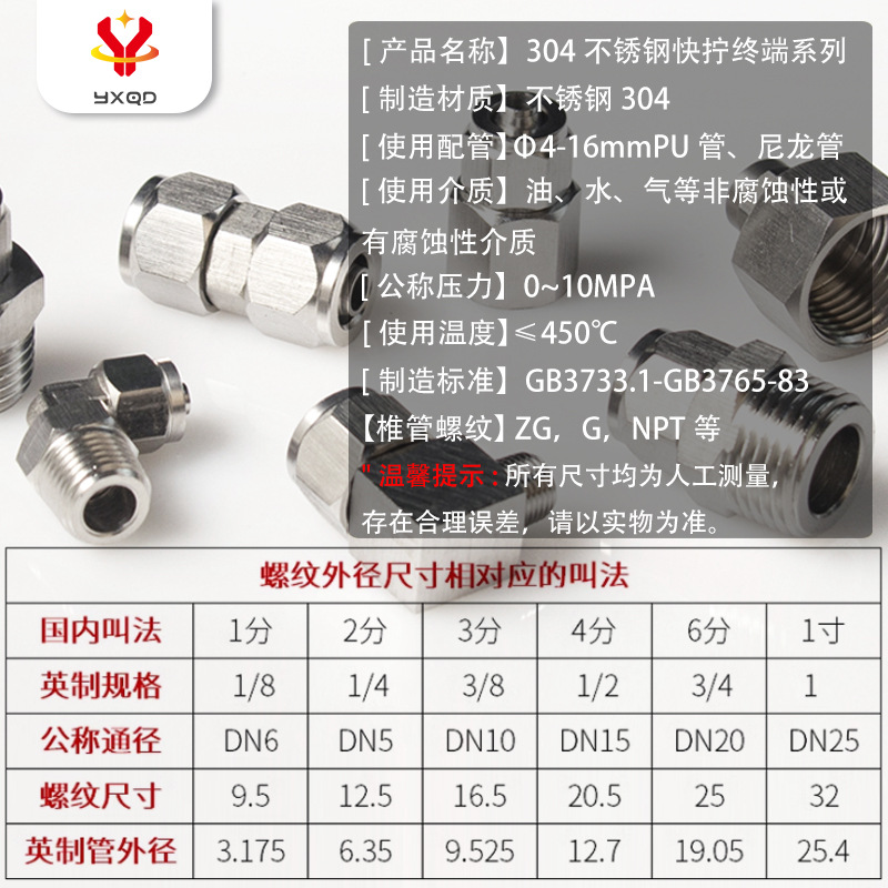 Acero inoxidable 304 acero inoxidable acoplador de tornillo rápido PU manguera de nylon tetrafluoro alambre externo a través de terminal de bloqueo hembra precio de fábrica