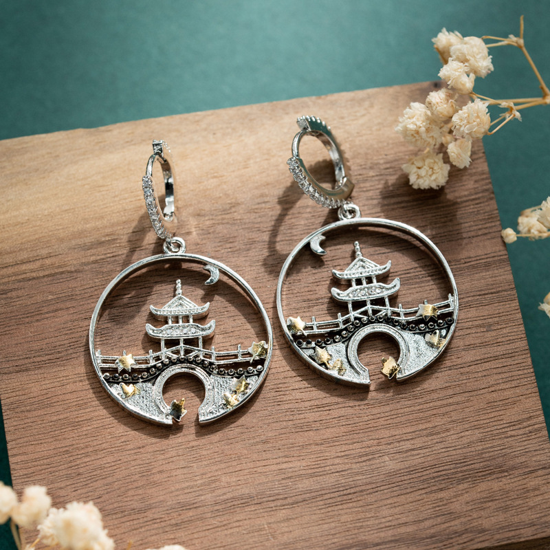 Jinqi national fashion all-match personalized fashion all-match poetry series evening Pavilion earrings female Chinese style earrings wholesale