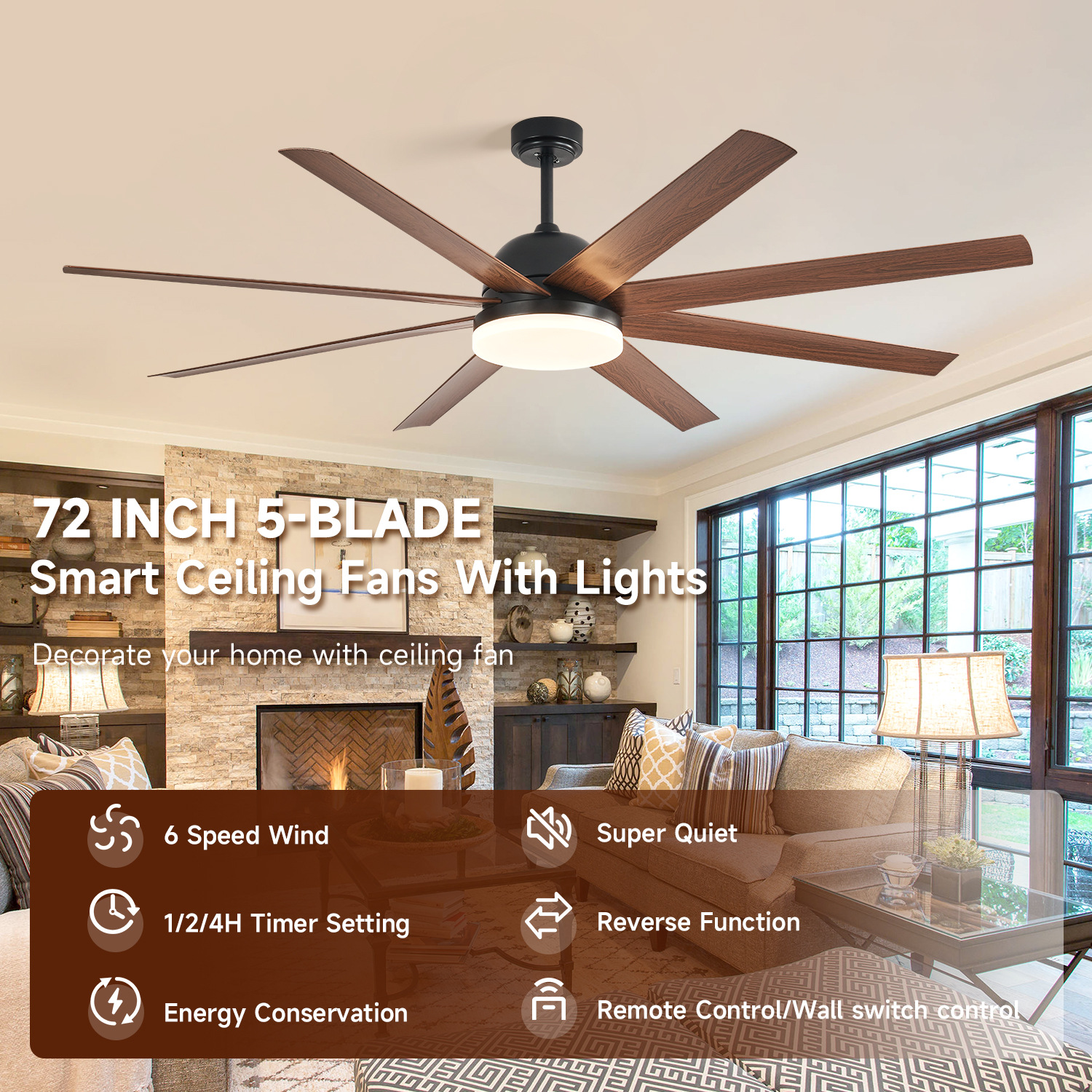 72inch Silent Large-Size Fan Lamp, Large Wind Variable Frequency, Export Foreign Trade Ceiling Fan Lamp, Living Room Fan Lamp, Terrace House