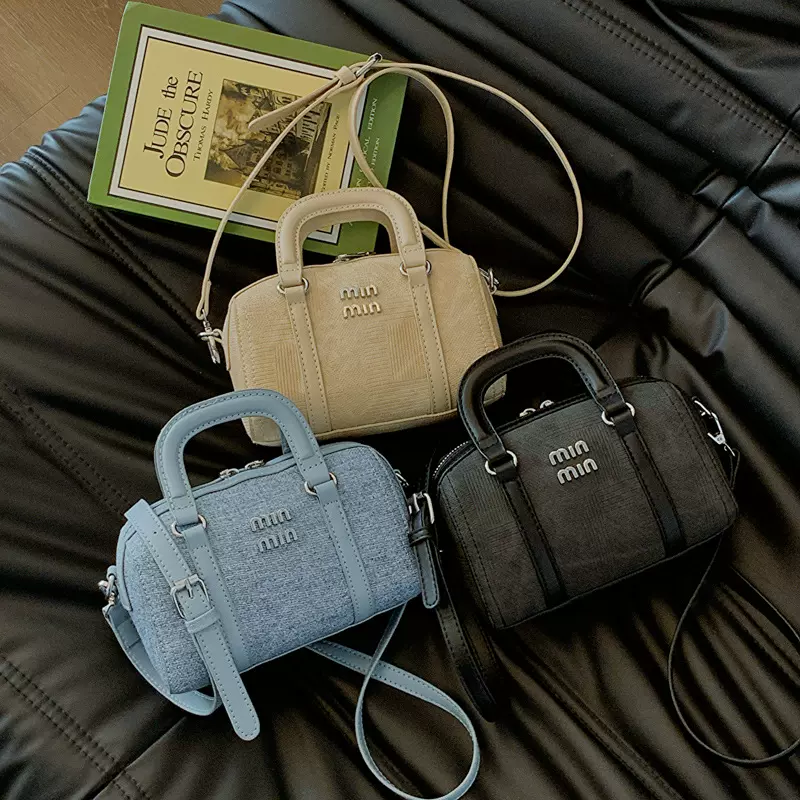 新款牛仔布手提波士顿包包女质感百搭保龄球包ins名媛单肩斜挎包