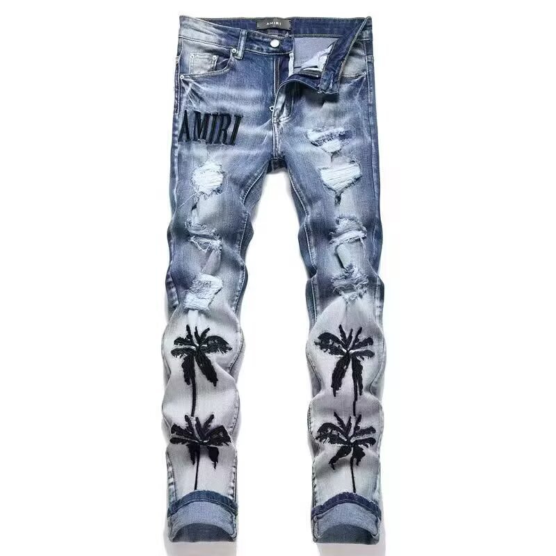 2025 Cross-Border Foreign Trade Style Handsome Tight-Fitting Stretch Light-Colored Embroidered Street Ripped Fashion Men's Jeans Trend