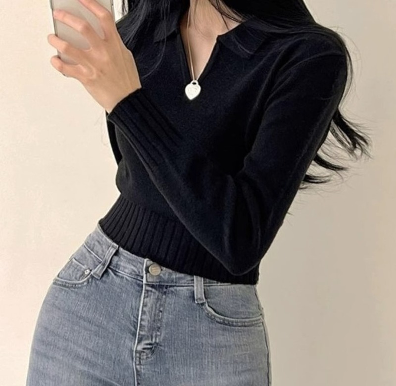 V领POLO针织打底衫女早秋高级感修身显瘦短款内搭上衣设计感毛衣|undefined